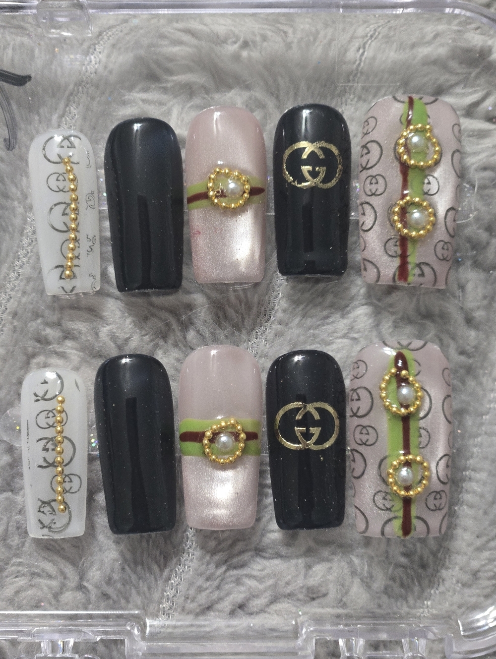 Designer Inspired Black, Tan & White Nail Set with Gold Accents